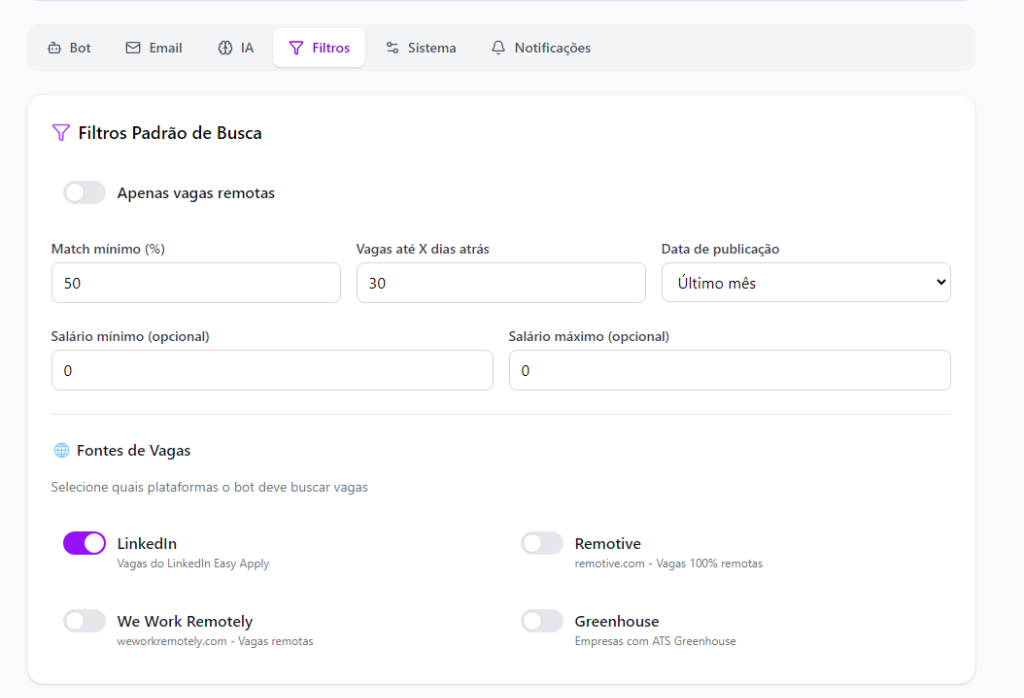 Painel de filtros do ApplyMesh